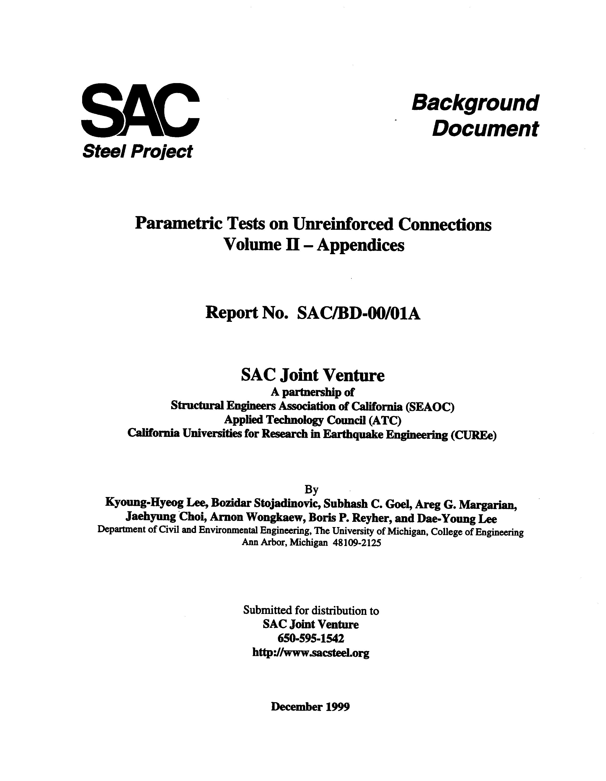 Parametric Tests on Unreinforced Connections Volume II - Appendices